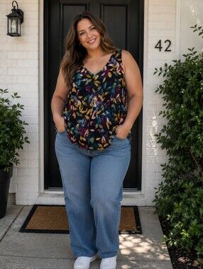 Lane Bryant Navy V-Neck Tank with Yellow, Pink & Blue Leaf Motif